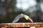 Damascus Folding Pocket Knife — Hand-Forged, 7″ Overall, Camel Bone Handle, Leather Sheath