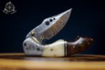 Damascus Folding Pocket Knife — Hand-Forged, 7″ Overall, Camel Bone Handle, Leather Sheath - view 3