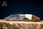 Damascus Folding Pocket Knife — Hand-Forged, 7″ Overall, Camel Bone Handle, Leather Sheath - view 4