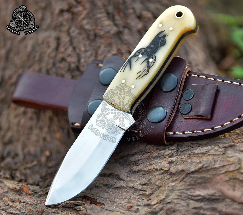 D2 Steel Skinner Knife — Hand-Forged, Stag Horn Handle, Leather Sheath (RA-596)