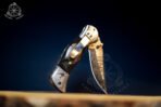 Damascus Folding Pocket Knife — Hand-Forged, 7.5" Overall, Ram Horn Handle, Leather Sheath - Image 6