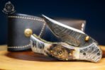 Damascus Folding Pocket Knife — Hand-Forged, 7.5" Overall, Ram Horn Handle, Leather Sheath - Image 7