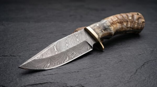 Damascus hunting knife with ram horn handle and brass guard lying on dark slate, swirled pattern along the blade