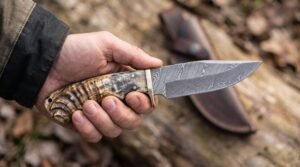 Hand gripping a Damascus hunting knife with ridged ram horn handle in the woods, brown leather sheath behind