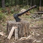 Carbon steel hatchet with dark wood handle and leather wrapped grip sunk into a chopping block at a camp