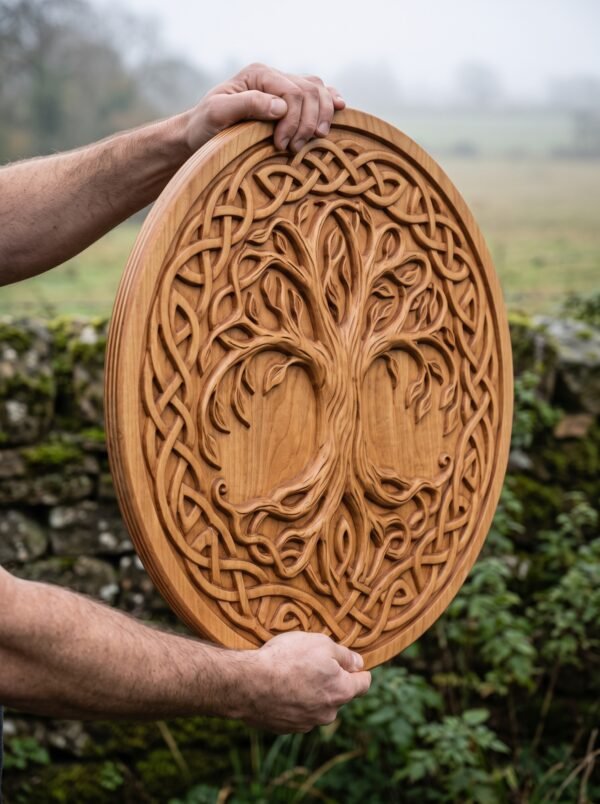 Carved wooden tree of life Viking shield held up in both hands outdoors in front of a mossy stone wall