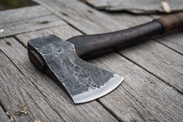 Close up of a hand forged carbon steel axe head with dark wood handle resting on grey wooden planks