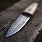 Close up of the forge finished high carbon seax blade and bone handle with copper ferrule on rough timber