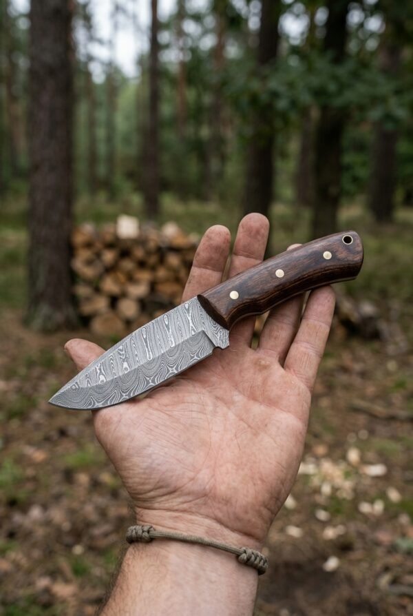 Damascus camp knife with pakka wood handle and brass pins resting on an open hand in a pine forest with stacked logs