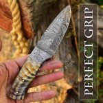 Damascus Hunting Knife — Hand-Forged, Ram Horn Handle, Leather Sheath