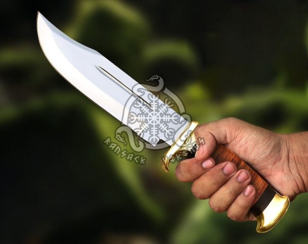 RK-618 Handmade D2 Steel Mirror Polished Blade Leather With Brass Bolster Handle Bowie Knife, Camping Knife,Hunting Knife, Gift For Men, Gift For Him, Groomsmen gift
