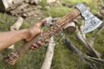 Odin Viking Bearded Axe — Hand-Forged Damascus, 18" Overall, Wood Handle, Leather Blade Cover
