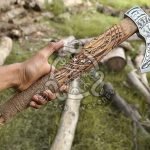 Odin Viking Bearded Axe — Hand-Forged Damascus, 18" Overall, Wood Handle, Leather Blade Cover