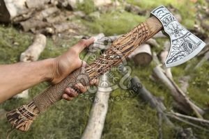 Odin Viking Bearded Axe, Hand-Forged Damascus, 18″ Overall, Wood Handle, Leather Blade Cover