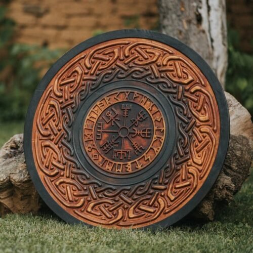 RK-637 Hand Craved Viking Vegvisir Symbol With Viking Runes Viking Shield, Wall Hanging Shield, Wall Decor Shield