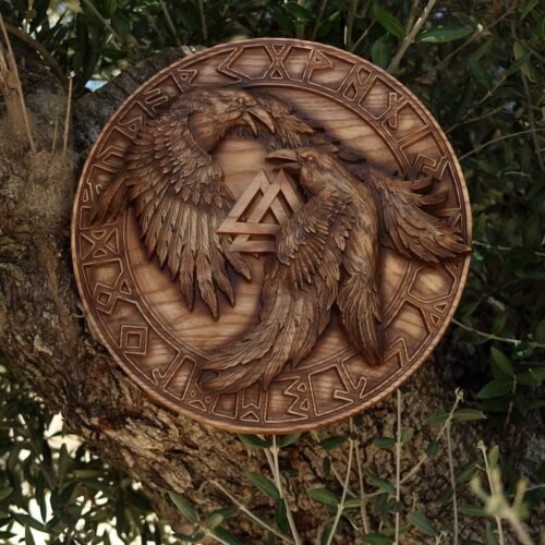 RK-638 Odin's Ravens And Valknut Hand Carved Viking Shield, 24"Inches Viking Shield, Wall Hanging, Wall Decor Shield