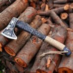 Viking Axe — Hand-Forged Damascus, 18" Overall, Rosewood Handle, Leather Blade Cover | Engraving Available