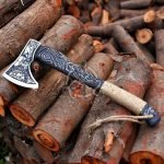 Viking Axe — Hand-Forged Damascus, 18" Overall, Rosewood Handle, Leather Blade Cover | Engraving Available