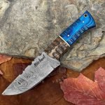 Damascus Camp Knife — Hand-Forged, Wood Handle, Leather Sheath | Engraving Available