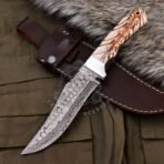Damascus Hunting Knife — Hand-Forged, Stag Horn Handle, Leather Sheath (RK-603)