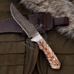 Damascus Hunting Knife — Hand-Forged, Stag Horn Handle, Leather Sheath (RK-603) - Image 2