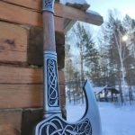 Viking Axe — Hand-Forged Damascus, 22" Overall, Rosewood Handle, Leather Blade Cover