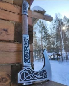 Viking Axe, Hand-Forged Damascus, 22″ Overall, Rosewood Handle, Leather Blade Cover