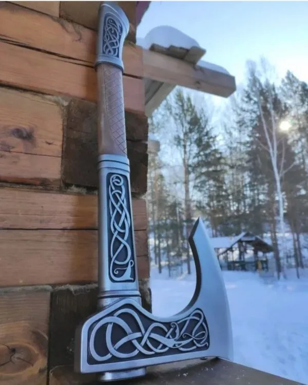 Viking Axe, Hand-Forged Damascus, 22″ Overall, Rosewood Handle, Leather Blade Cover
