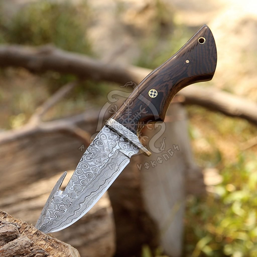 Damascus Gut Hook Hunting Knife — Hand-Forged, Stag Horn Handle, Leather Sheath (RK-610) - view 2
