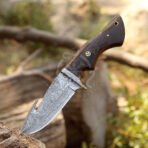 Damascus Gut Hook Hunting Knife — Hand-Forged, Stag Horn Handle, Leather Sheath (RK-610) - Image 2
