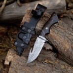 Damascus Gut Hook Hunting Knife — Hand-Forged, Stag Horn Handle, Leather Sheath (RK-610)