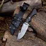 Damascus Gut Hook Hunting Knife — Hand-Forged, Stag Horn Handle, Leather Sheath (RK-610)