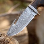 Damascus Gut Hook Hunting Knife — Hand-Forged, Stag Horn Handle, Leather Sheath (RK-610) - Image 4