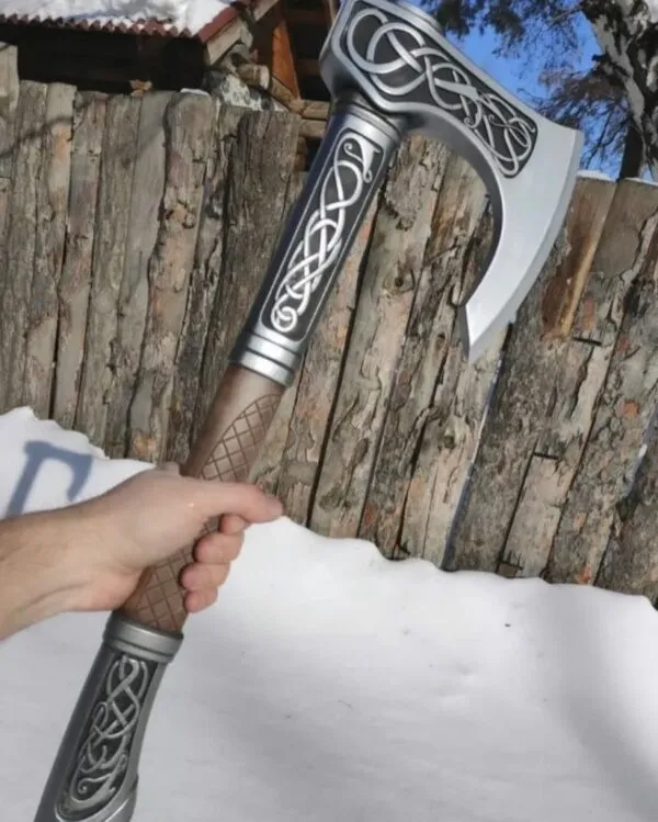 Viking Axe, Hand-Forged Damascus, 22″ Overall, Rosewood Handle, Leather Blade Cover - view 2