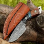 Damascus Skinner Knife — Hand-Forged, Stag Horn Handle, Leather Sheath (RK-611)
