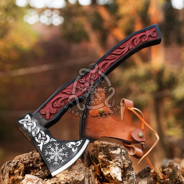 Ashgrim Hand Forged Damascus Viking Bearded Axe | 18 Inch | Wood Handle with Leather Blade Cover and Gift Box | Norse Camping Gift | RK-634