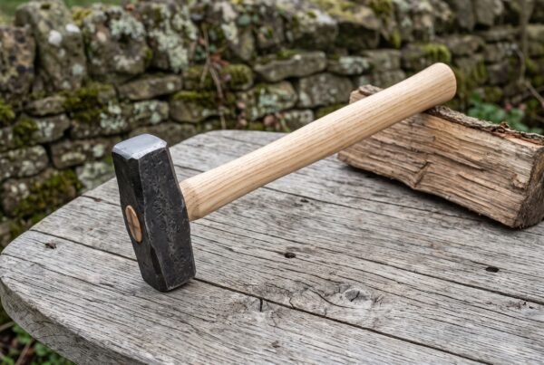 Forged hammer with dark steel head and pale ash wood handle lying on a round wooden table beside a split log