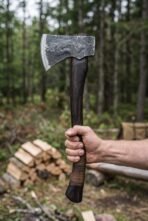 Hand forged carbon steel axe with dark wood handle and leather wrapped grip held upright in a forest clearing