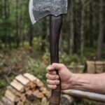 Hand forged carbon steel axe with dark wood handle and leather wrapped grip held upright in a forest clearing