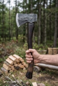 Hand forged carbon steel axe with dark wood handle and leather wrapped grip held upright in a forest clearing