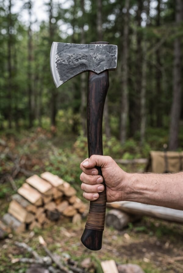 Hand forged carbon steel axe with dark wood handle and leather wrapped grip held upright in a forest clearing