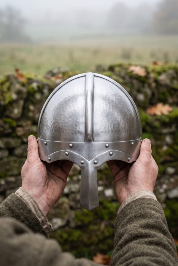 Hand formed steel Viking helmet with riveted rim and nasal guard held in two hands in front of a misty field and stone wall