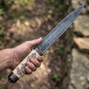 High carbon steel seax knife with carved bone handle showing ravens and runes gripped in hand outdoors near rocks