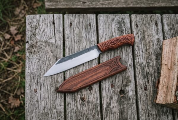 Overhead view of the seax knife and its engraved wooden cover lying side by side on grey wooden boards