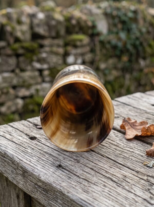 Polished natural horn beer mug lying on its side on a wooden rail, open mouth and inner horn grain in view