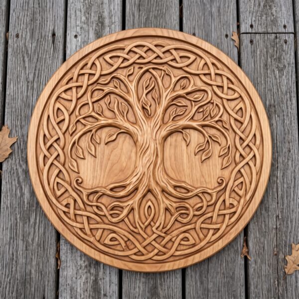 Round wooden Viking shield with carved tree of life and knotwork ring laid flat on grey decking with dry leaves