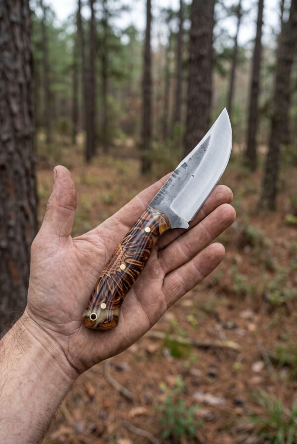 Skinner knife with forge finished spine and pine cone resin handle held flat on an open palm in a pine forest