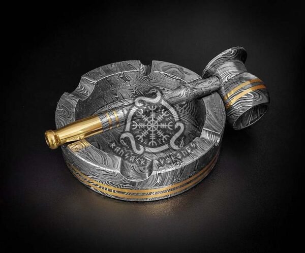 RK-652 Handmade Damascus Steel Pipe & Ashtray Set | Brass Weed & Tobacco Pipe | Premium Smoking Tools & Ash Collector Accessories