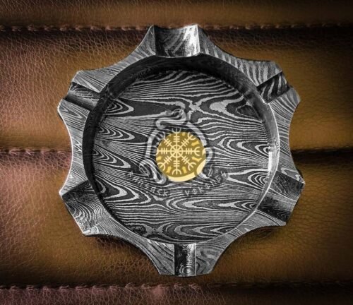 RK-653 Handmade Prime Damascus Steel Ashtray | Multi-Rest Ash Collector for Cigars & Cigarettes | Unique Gift Accessory