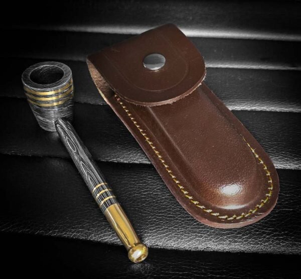 RK-654 Handmade Prime Damascus Steel Pipe with Brass Finish | Includes Leather Pipe Case | Discreet Weed & Tobacco Smoking Tool